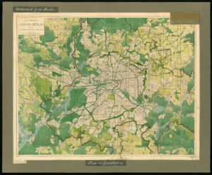 Winter School «Metropolitane Landschaften: Case Study Berlin-Brandenburg». Bild: Brix & Genzmer: Grünflächenplan im Maßstab 1:60'000 für den Wettbewerb Groß-Berlin 1910 (einer der beiden 1. Preise); Original: Druck koloriert auf Papier (102,4 x 123,8 cm); Quelle: Architekturmuseum der TU Berlin (Abk. AMTUB), Nr. 20122