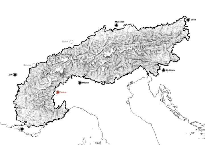 Entwurf Frühling 2022: Alpenbogen mit perialpinen Metropolitanregionen; © Professur Günther Vogt, ETH Zürich